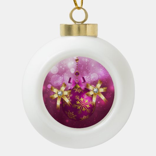 Roze en gouden Kerstmis Keramische Bal Ornament (Voorkant)