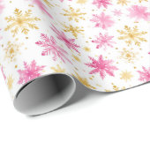 Roze en Gouden Kerstmis Sneeuwvlokken Cadeaupapier (Rol Hoek)