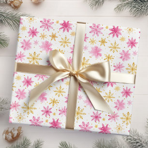 Roze en Gouden Kerstmis Sneeuwvlokken Cadeaupapier