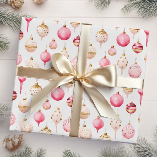 Roze en gouden kerstversieringen cadeaupapier