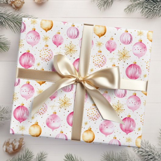 Roze en gouden kerstversieringen cadeaupapier