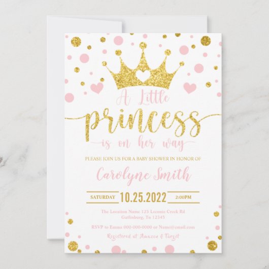 Roze en Gouden Kleine Prinses Uitnodiging (Voorkant)