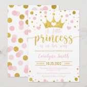 Roze en Gouden Kleine Prinses Uitnodiging (Voorkant / Achterkant)