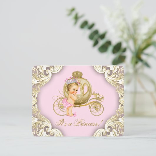 Roze en gouden koets meisjes prinses Baby shower Kaart (Staand voorkant)