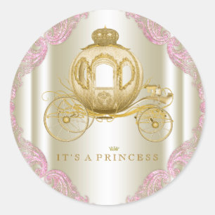 Roze en gouden koets prinses Baby shower Ronde Sticker