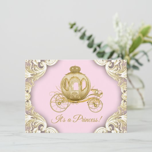 Roze en gouden koets Royal Princess Baby shower Kaart (Staand voorkant)
