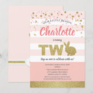 Roze en gouden konijntje meisje 2de verjaardagsuit kaart