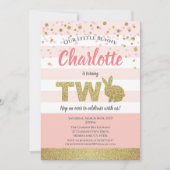 Roze en gouden konijntje meisje 2e verjaardagsuitn kaart (Voorkant)