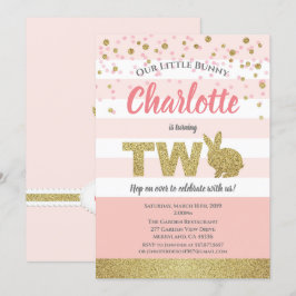 Roze en gouden konijntje meisje 2e verjaardagsuitn kaart