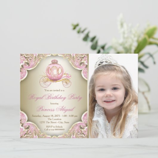 Roze en Gouden Koninklijke Prinses Foto Verjaardag Kaart (Staand voorkant)