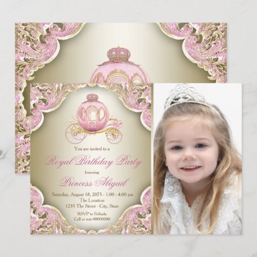 Roze en Gouden Koninklijke Prinses Foto Verjaardag Kaart (Voorkant / Achterkant)