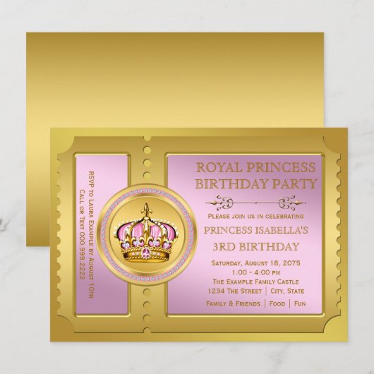 Roze en gouden koninklijke prinses verjaardagsfees kaart (Voorkant / Achterkant)