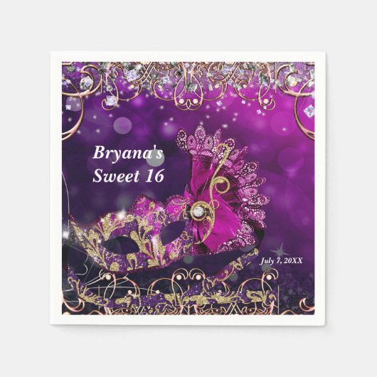 Roze en gouden kostume Masquerade Masker Birthday Servetten (Voorkant)