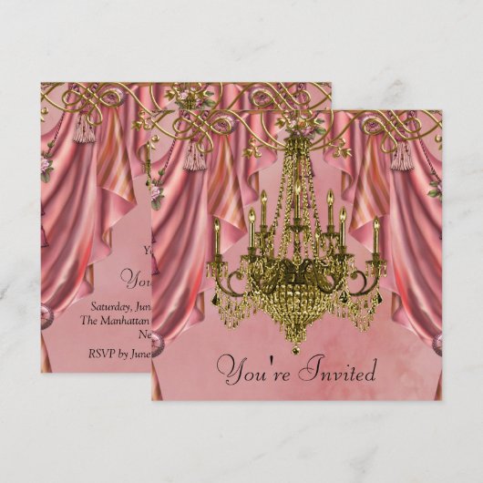 Roze en Gouden Kroonluchter Party Uitnodigingen (Voorkant / Achterkant)