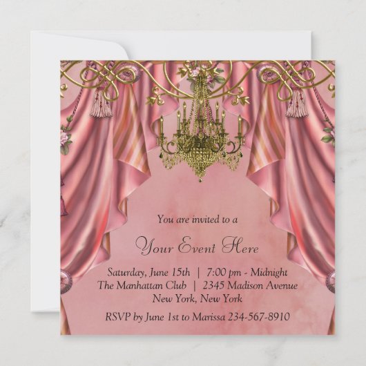 Roze en Gouden Kroonluchter Party Uitnodigingen (Achterkant)