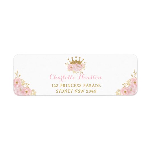 Roze en gouden kroonprinses Blush Floral Etiket (Voorkant)