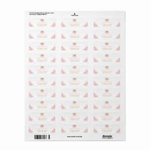 Roze en gouden kroonprinses Blush Floral Etiket (Full Sheet)