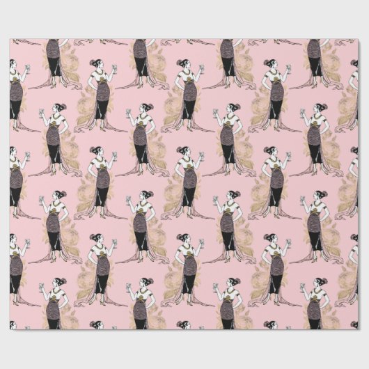 Roze en gouden kunst Deco Wijn Cadeaupapier (Vlak)