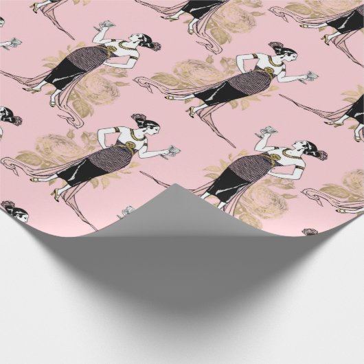 Roze en gouden kunst Deco Wijn Cadeaupapier (Hoek)