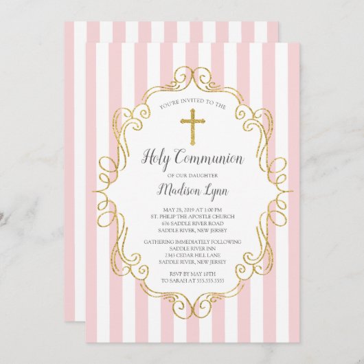 Roze en gouden Lijst Eerste Heilige Communie Kaart (Voorkant / Achterkant)