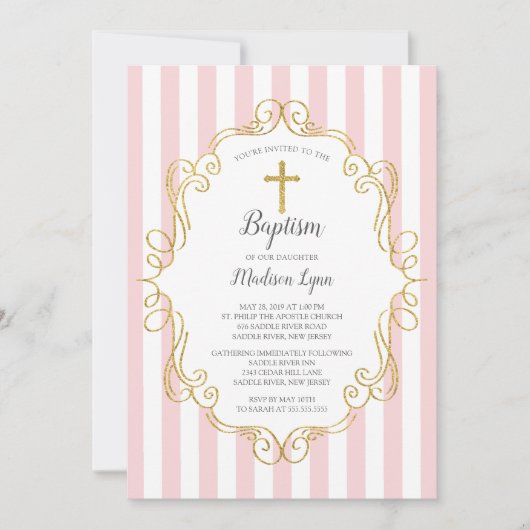 Roze en gouden Lijst meisjes Baptisme Kaart (Voorkant)