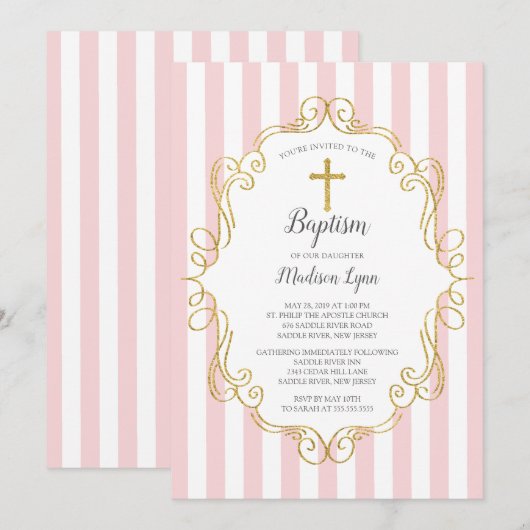 Roze en gouden Lijst meisjes Baptisme Kaart (Voorkant / Achterkant)