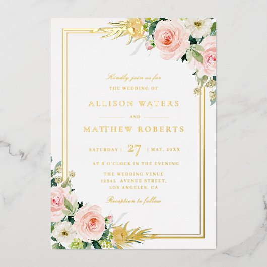 roze en gouden lijst trouwfolie uitnodiging (Voorkant)