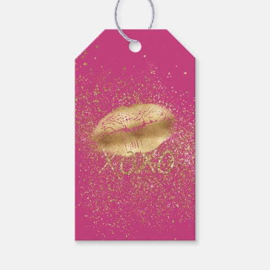 Roze en Gouden Lippen Kus Gouden Glitter XOXO Cadeaulabel (Voorkant)