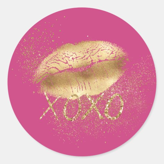 Roze en Gouden Lippen Kus Gouden Glitter XOXO Ronde Sticker (Voorkant)