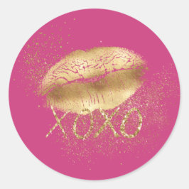 Roze en Gouden Lippen Kus Gouden Glitter XOXO Ronde Sticker