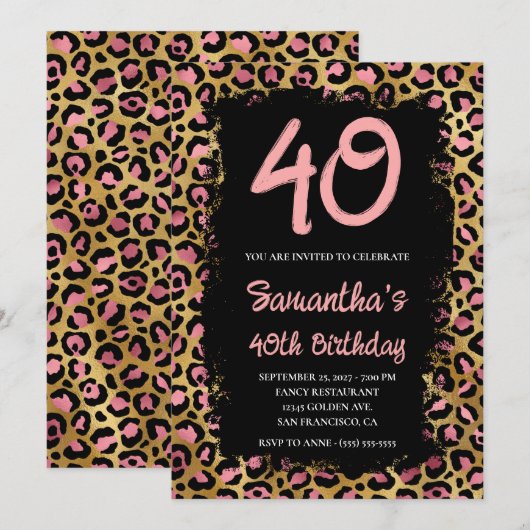 Roze en gouden luipaard Geschilderd zwart 40e verj Kaart (Voorkant / Achterkant)