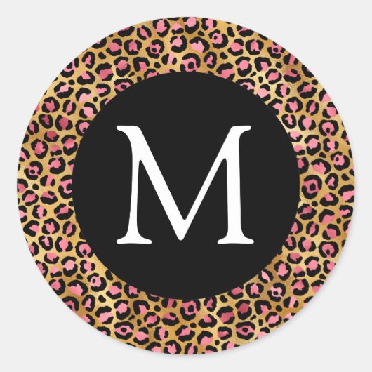 Roze en Gouden Luipaard Print Monogram Ronde Sticker (Voorkant)