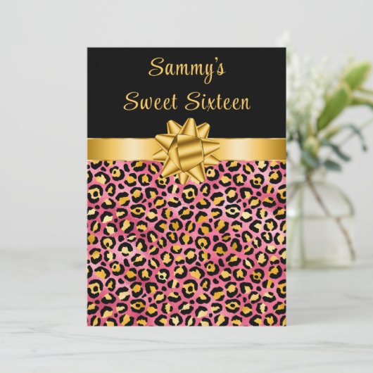 Roze en Gouden Luipaard Print Sweet Sixteen Kaart (Staand voorkant)