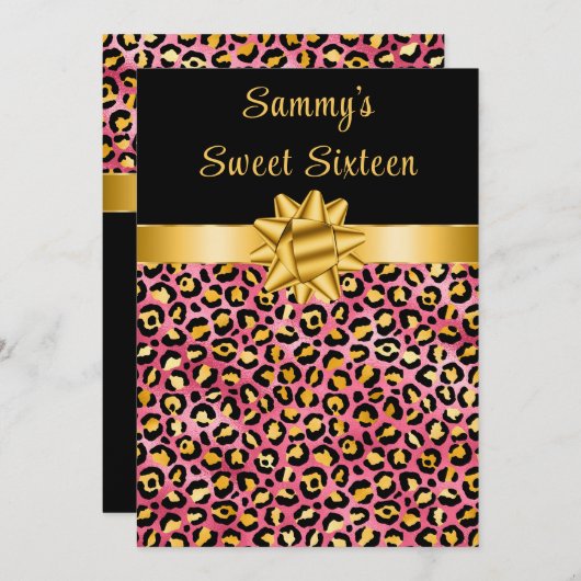 Roze en Gouden Luipaard Print Sweet Sixteen Kaart (Voorkant / Achterkant)