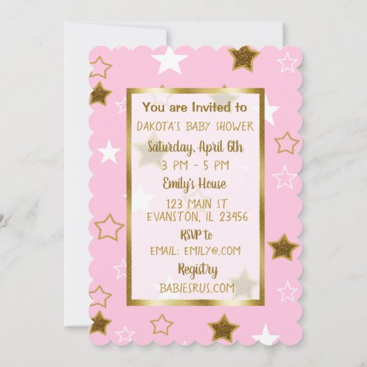 Roze en gouden maan en sterren Baby shower nodigt Kaart (Achterkant)