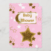 Roze en gouden maan en sterren Baby shower nodigt  Kaart (Voorkant / Achterkant)