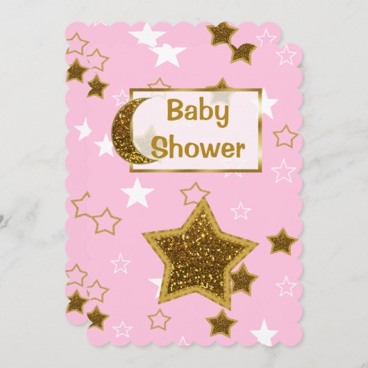Roze en gouden maan en sterren Baby shower nodigt  Kaart (Voorkant / Achterkant)
