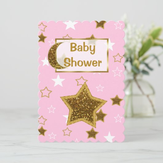 Roze en gouden maan en sterren Baby shower nodigt  Kaart (Staand voorkant)