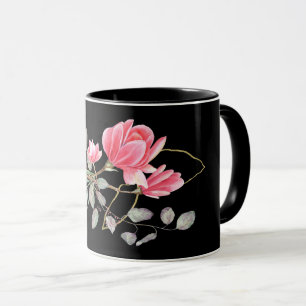 Roze en gouden Magnolia op zwart Mok