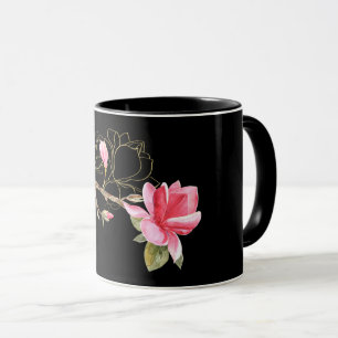 Roze en gouden Magnolia op zwart Mok
