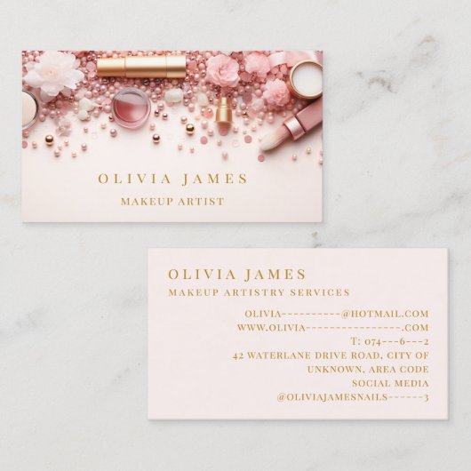 Roze en Gouden Make-up Kunstenaar Cosmetica Beauty Visitekaartje (Voorkant / Achterkant)
