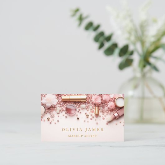 Roze en Gouden Make-up Kunstenaar Cosmetica Beauty Visitekaartje (Staand voorkant)