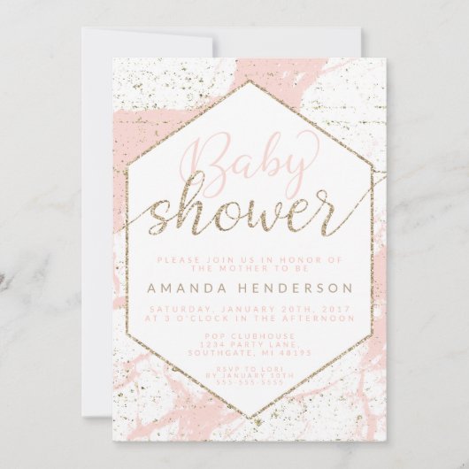 Roze en gouden marmer babyshower uitnodiging (Voorkant)