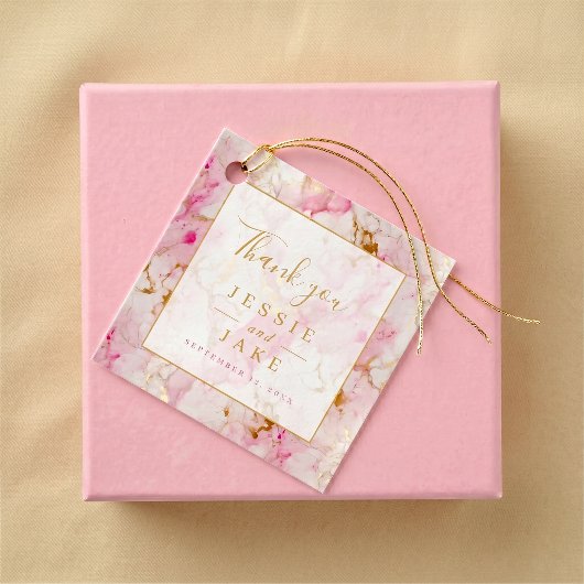 Roze en gouden marmeren bruiloft bedankjes labels