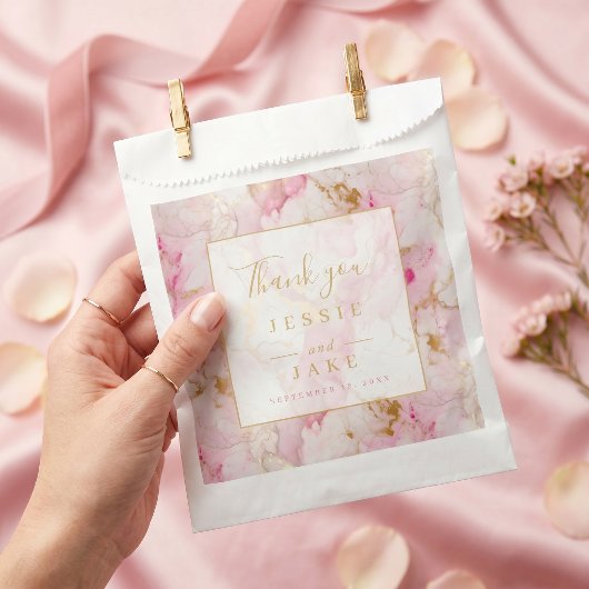 Roze en gouden marmeren bruiloft bedankzakje