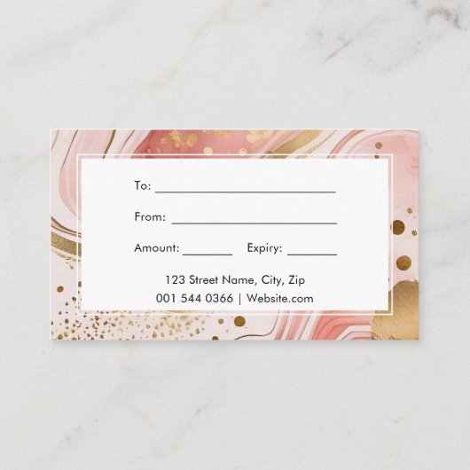 Roze en Gouden Marmeren Waterverf Cadeaubon Visitekaartje (Achterkant)