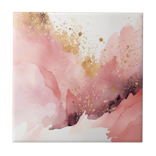 Roze en gouden marmeren waterverf decoratie tegeltje (Voorkant)