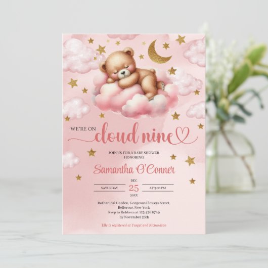 Roze en gouden meisje beer wolk negen Baby shower Kaart (Staand voorkant)