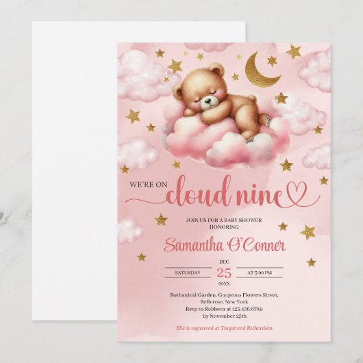 Roze en gouden meisje beer wolk negen Baby shower Kaart (Voorkant / Achterkant)