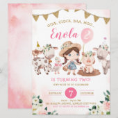 Roze en Gouden Meisje Boerderij Verjaardagsuitnodi Kaart (Voorkant / Achterkant)